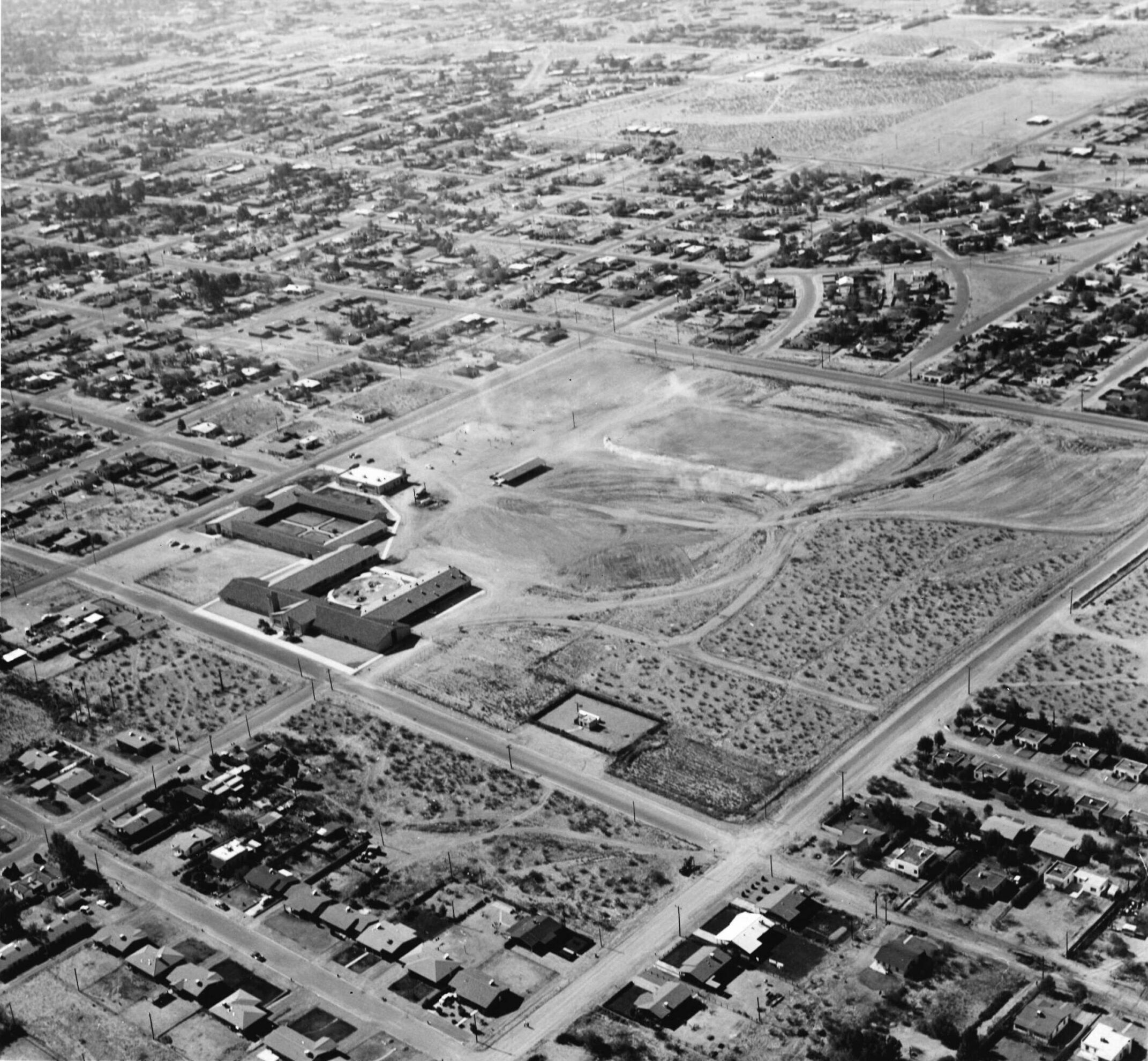 Aerial view of the campus in the 1950s